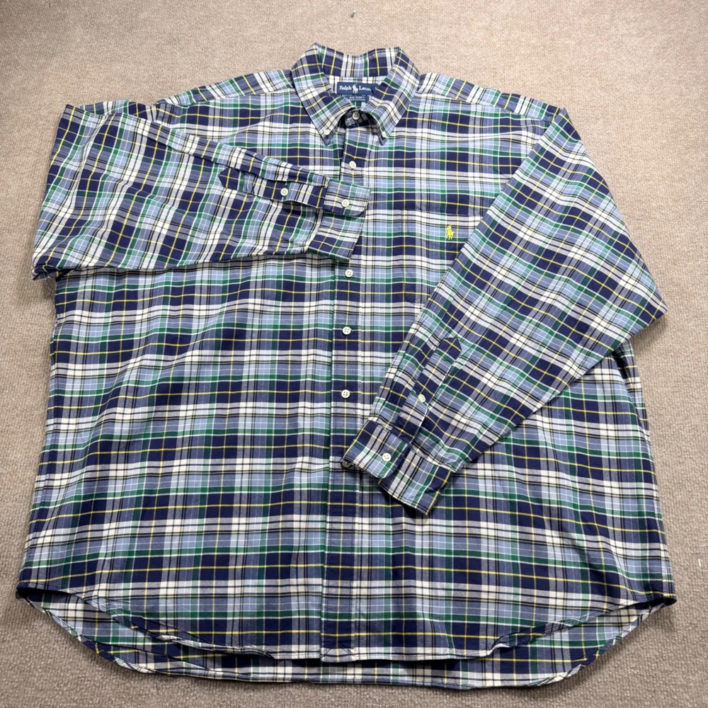 Ralph Lauren Big Shirt Mens XXL Plaid Button Down Navy Green Yellow Cotton